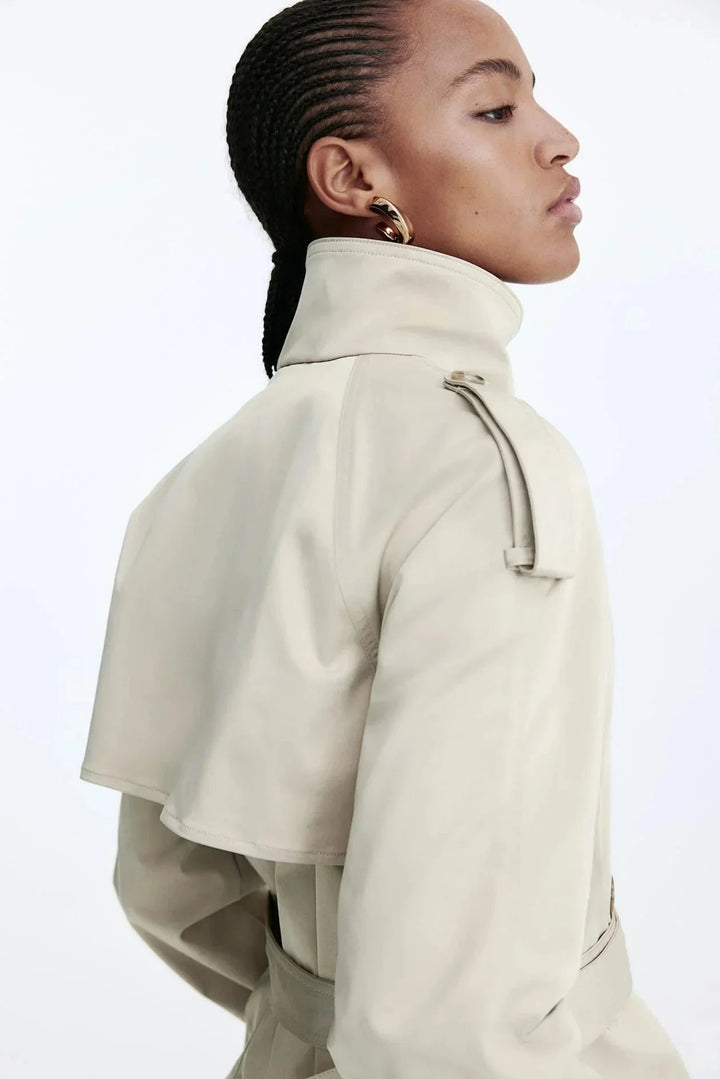 Gemma - Women's trench coat with high collar and tied belt