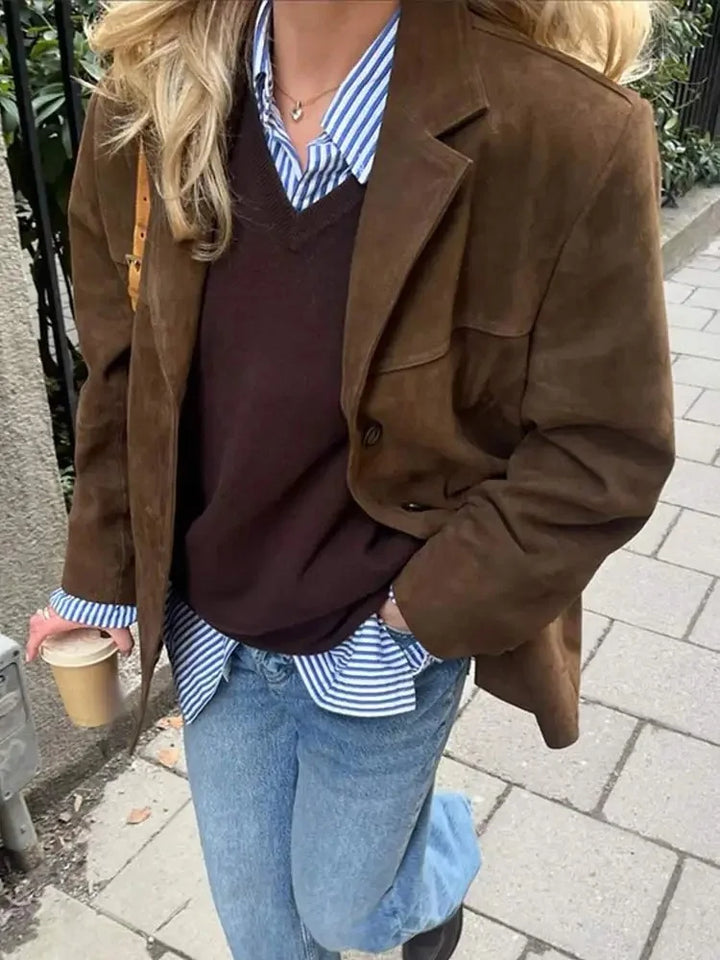 Davina - Women's Oversized Brown Suede Blazer Coat
