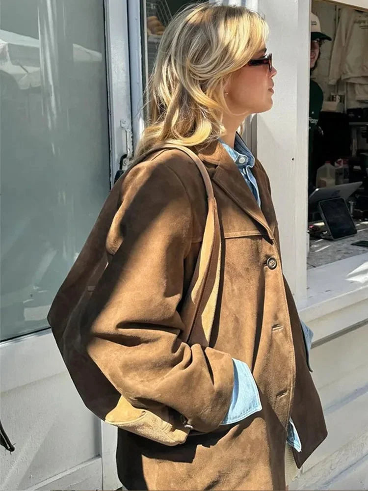 Davina - Women's Oversized Brown Suede Blazer Coat