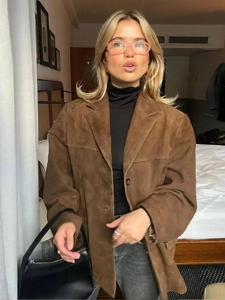 Davina - Women's Oversized Brown Suede Blazer Coat