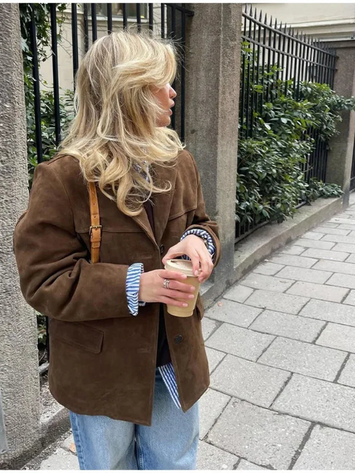 Davina - Women's Oversized Brown Suede Blazer Coat
