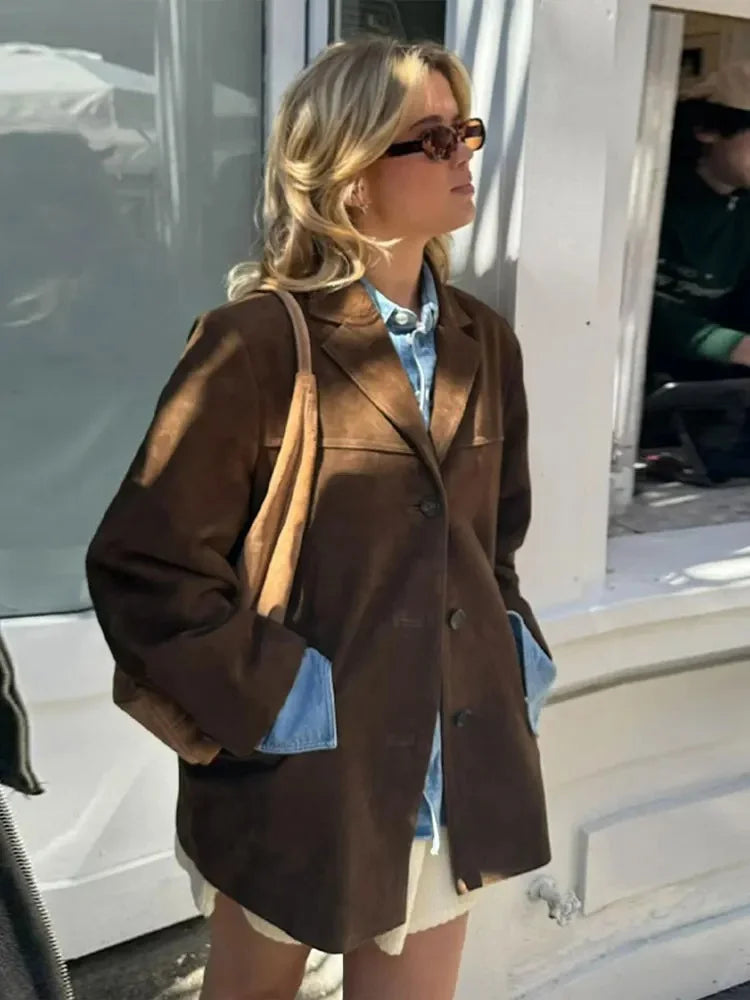 Davina - Women's Oversized Brown Suede Blazer Coat