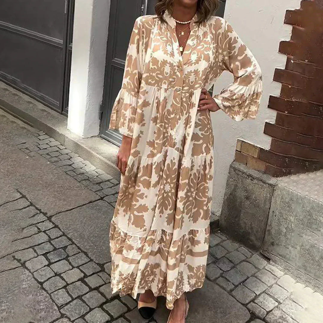 Baroque Print Lantern Sleeve Button Down Boho Maxi Dress