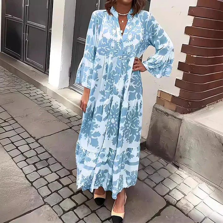 Baroque Print Lantern Sleeve Button Down Boho Maxi Dress