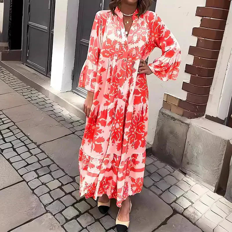 Baroque Print Lantern Sleeve Button Down Boho Maxi Dress