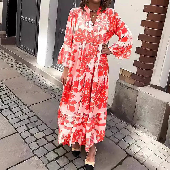 Baroque Print Lantern Sleeve Button Down Boho Maxi Dress