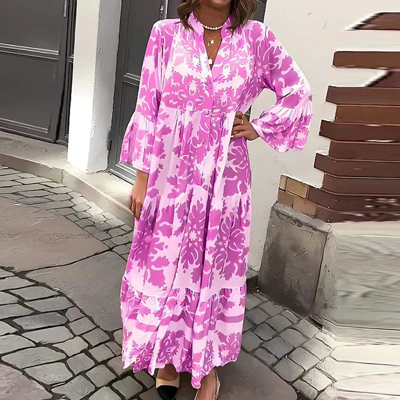 Baroque Print Lantern Sleeve Button Down Boho Maxi Dress