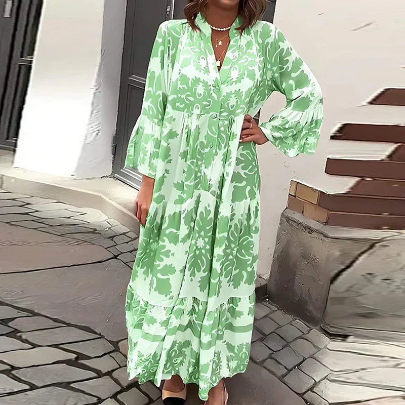 Baroque Print Lantern Sleeve Button Down Boho Maxi Dress