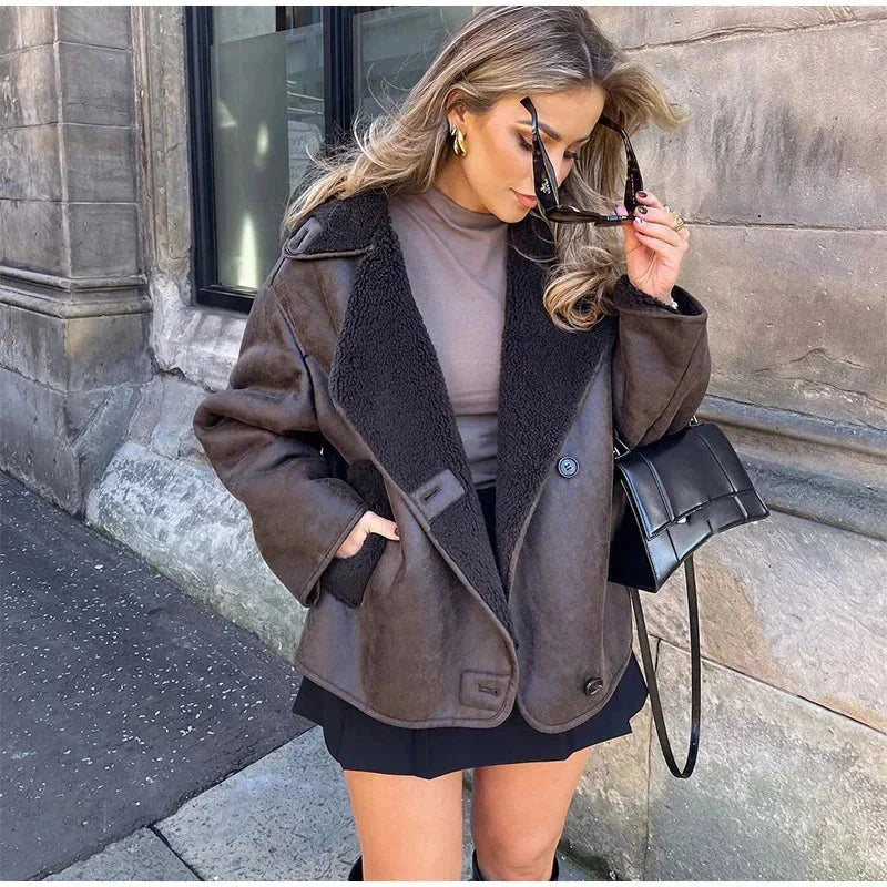 Gabriella - Women's dark brown sheepskin-effect jacket with large lapels
