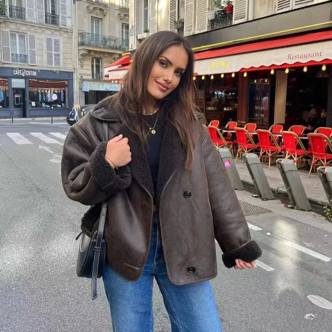 Gabriella - Women's dark brown sheepskin-effect jacket with large lapels