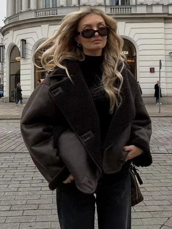 Gabriella - Women's dark brown sheepskin-effect jacket with large lapels