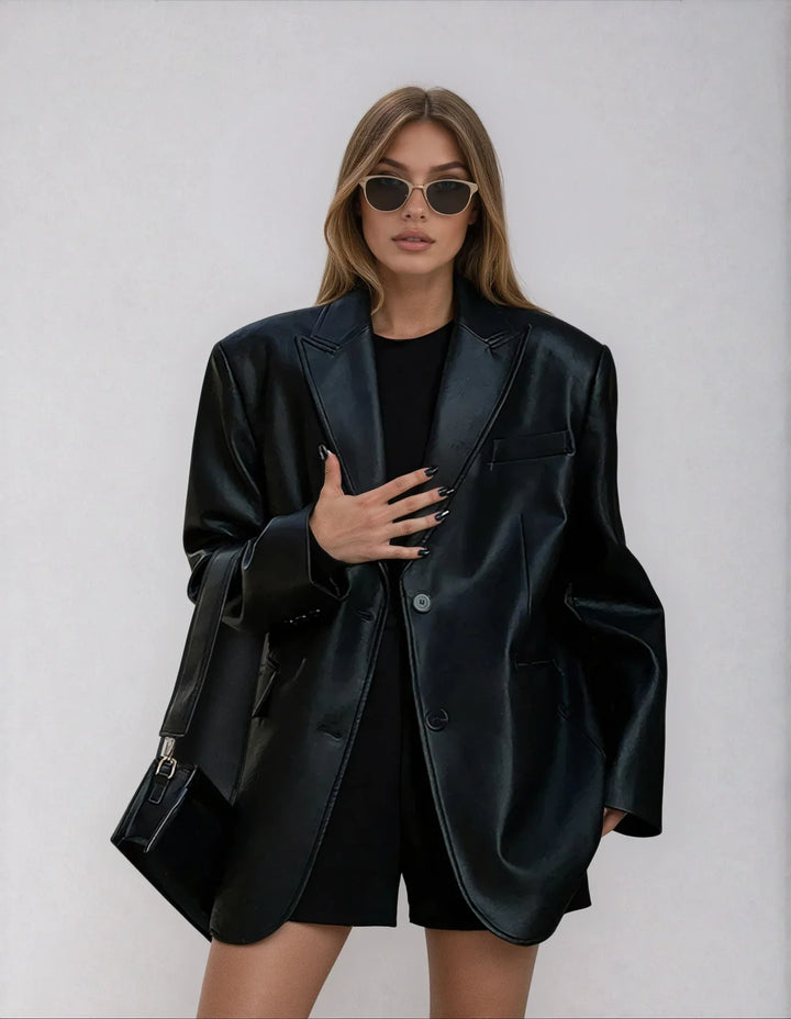 Rebecca - Women's oversized faux leather jacket with collar