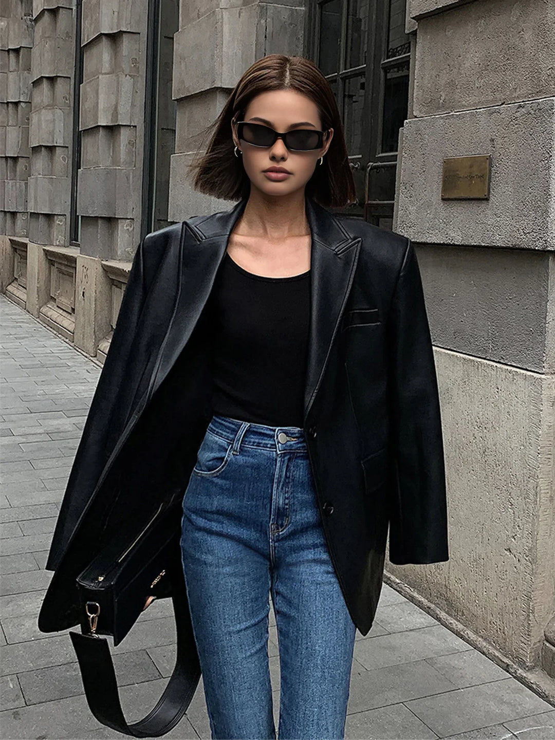 Rebecca - Women's oversized faux leather jacket with collar