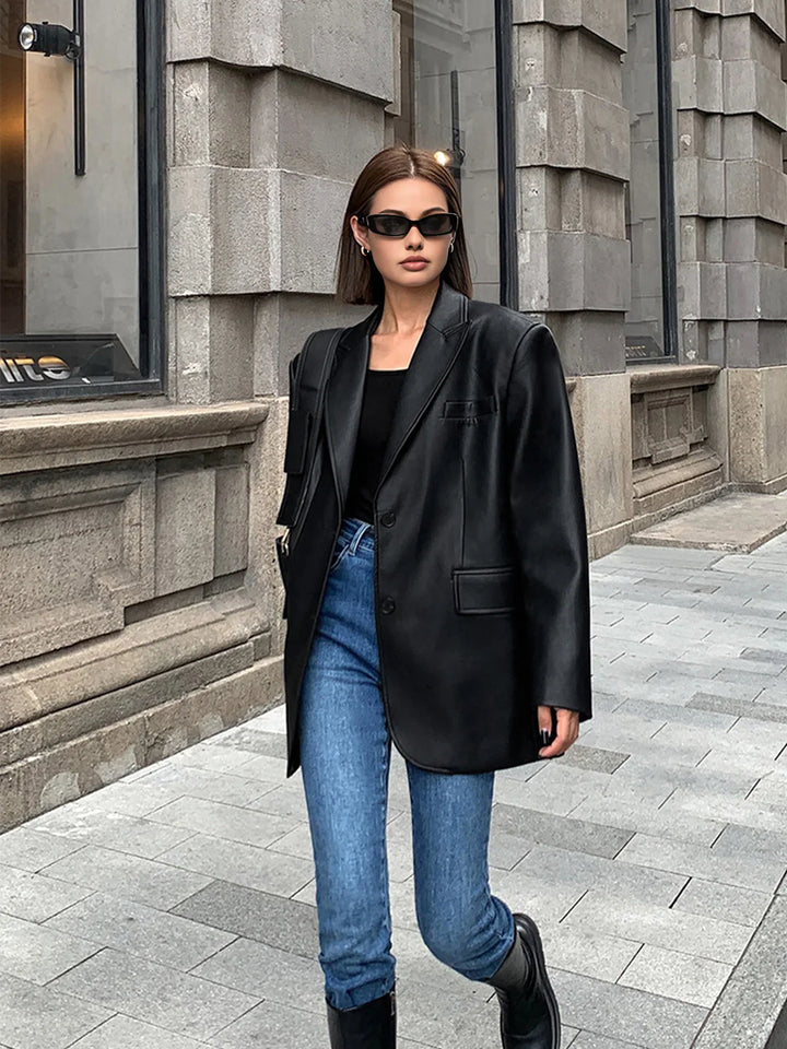 Rebecca - Women's oversized faux leather jacket with collar