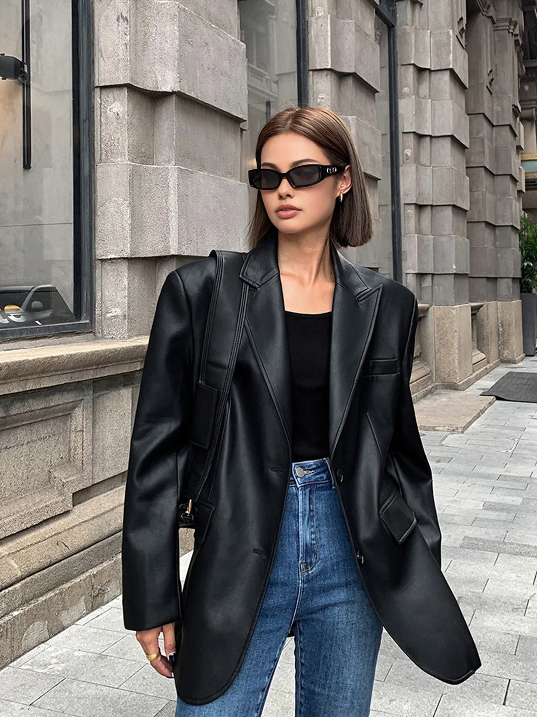 Rebecca - Women's oversized faux leather jacket with collar