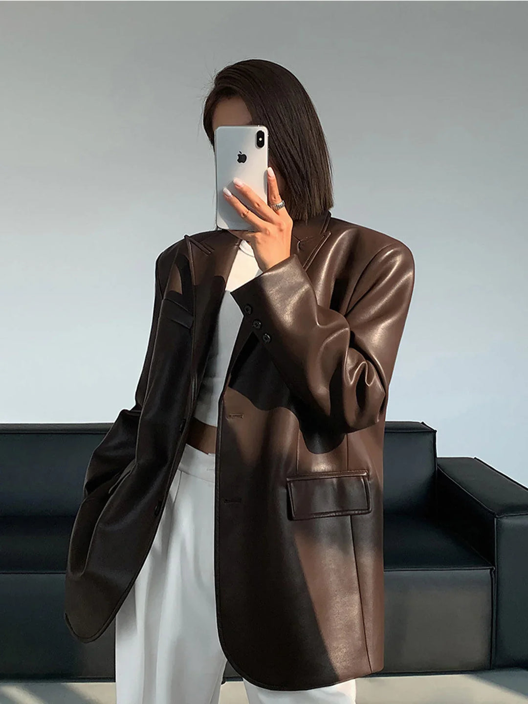 Rebecca - Women's oversized faux leather jacket with collar