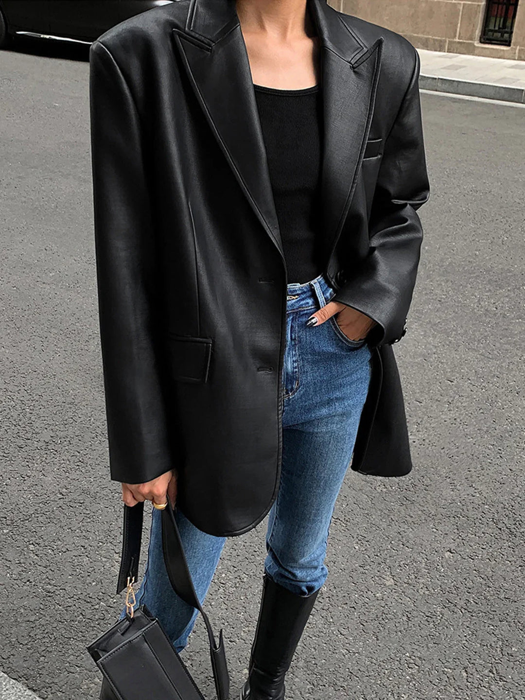 Rebecca - Women's oversized faux leather jacket with collar