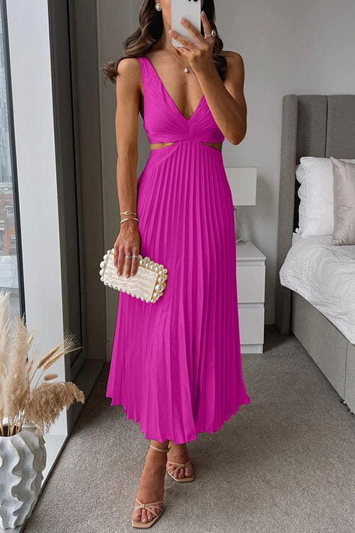 Women's Pleated V-Neck A-Line Midi Dress
