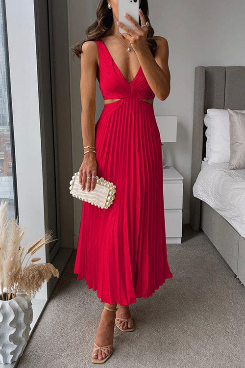 Women's Pleated V-Neck A-Line Midi Dress