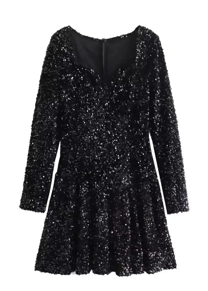 Women's black sequined mini dress with sweetheart neckline and long sleeves