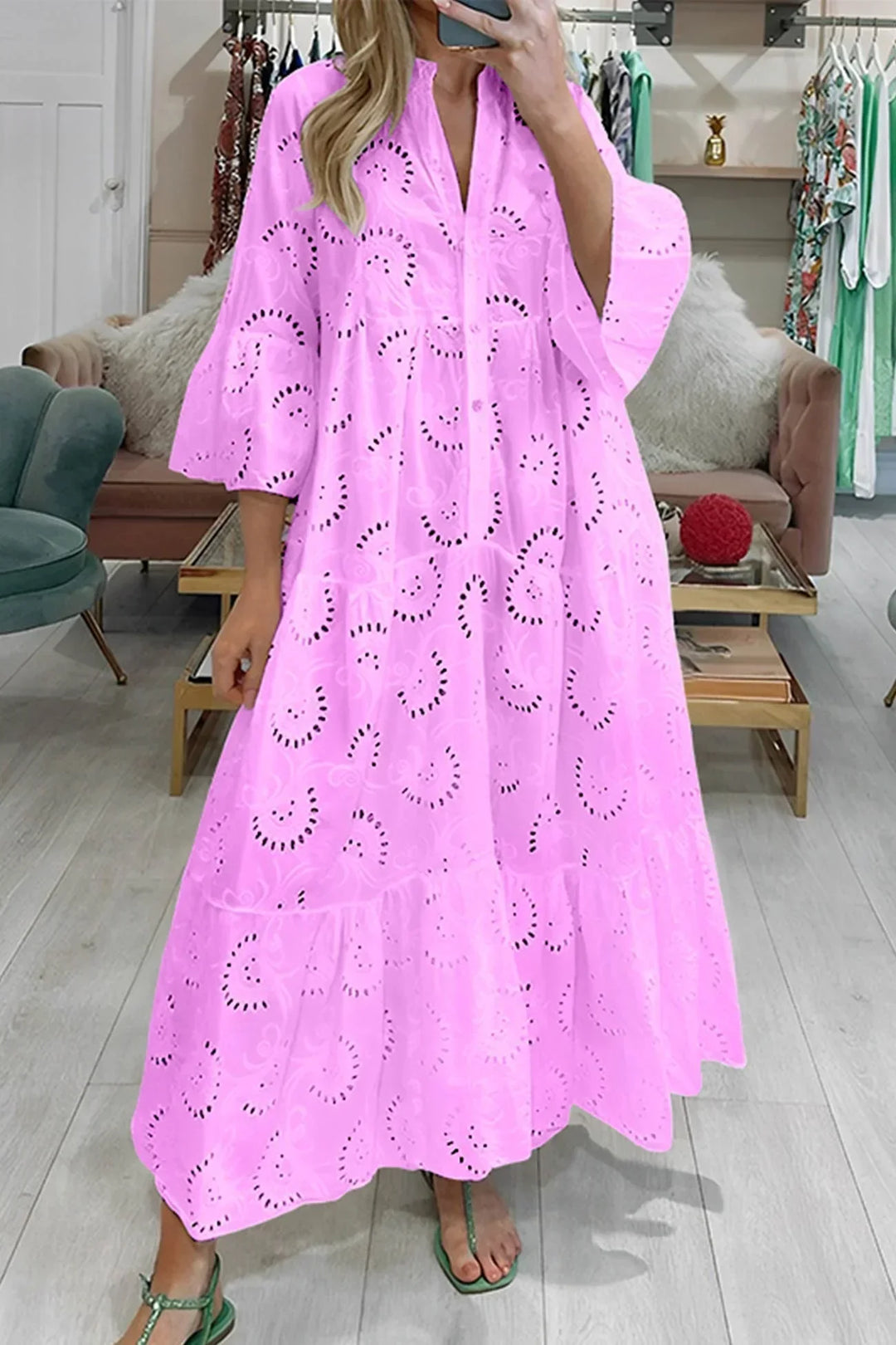 Women's eyelet lace maxi dress with tiered design