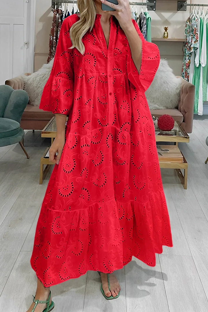 Women's eyelet lace maxi dress with tiered design