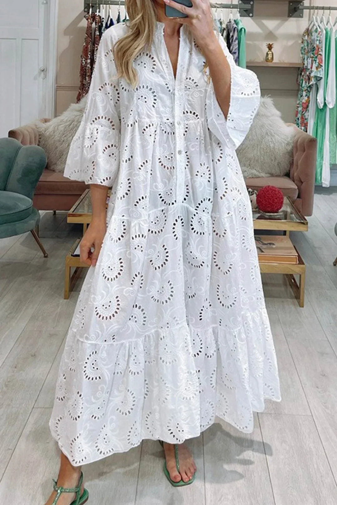Women's eyelet lace maxi dress with tiered design