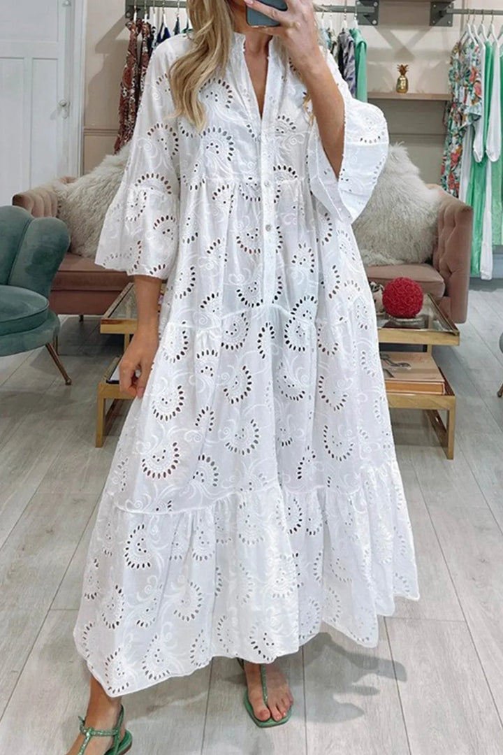 Women's eyelet lace maxi dress with tiered design