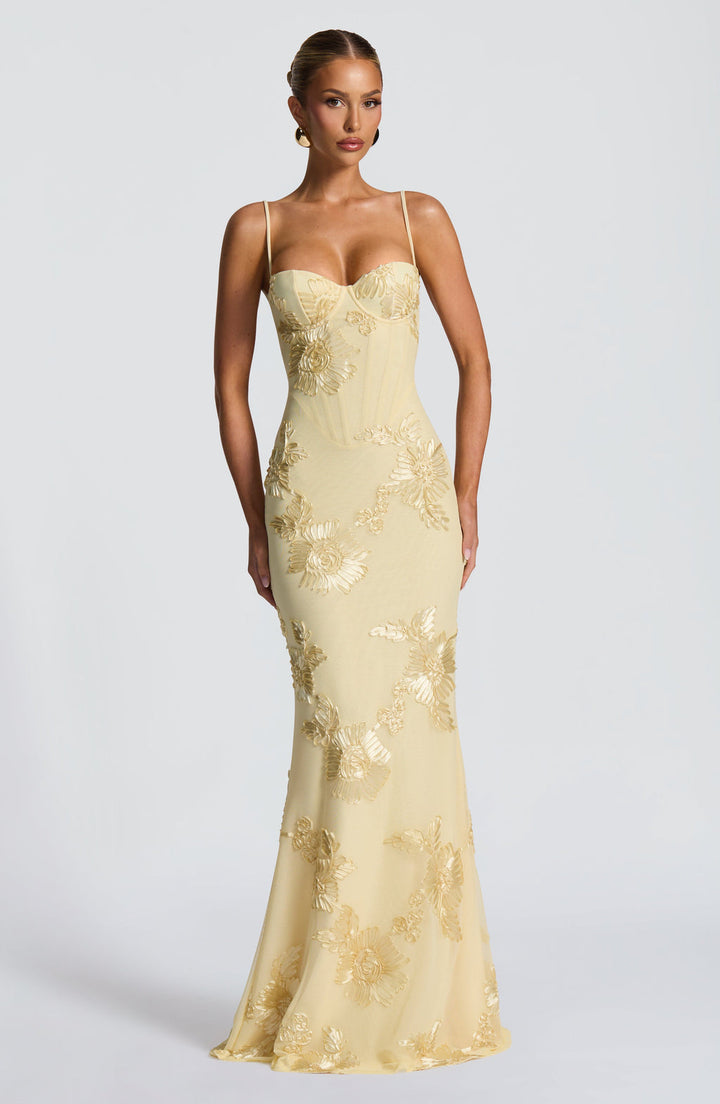 Floral Appliqué Corset Bodice Mermaid Maxi Dress - Evening Gown