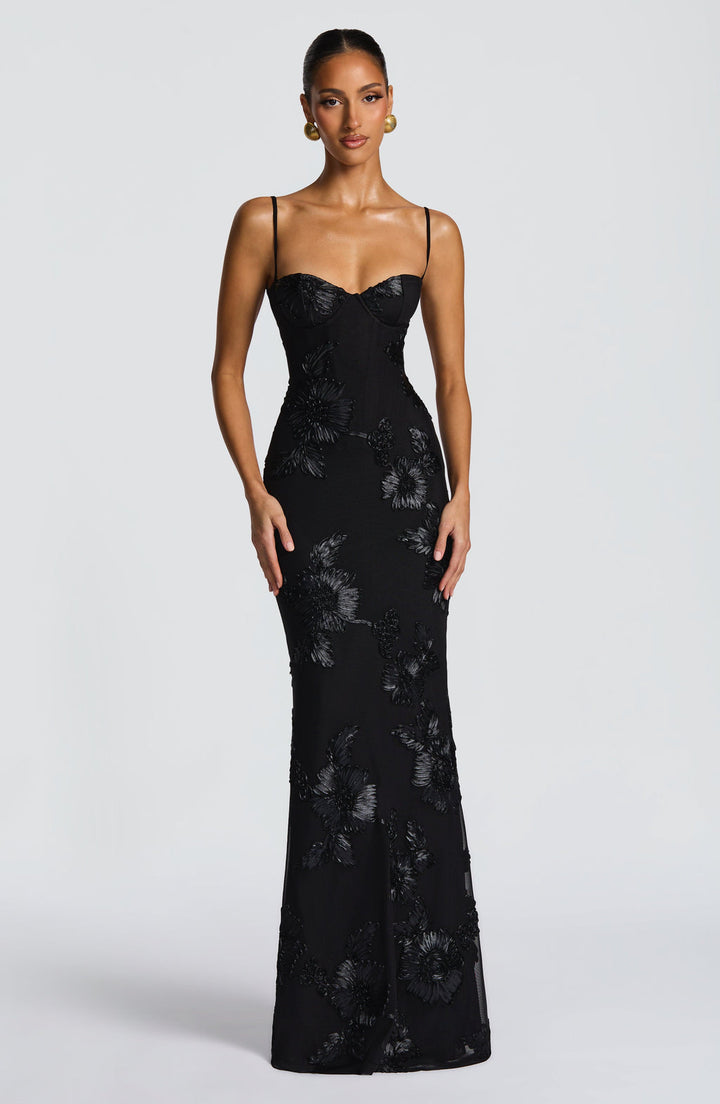 Floral Appliqué Corset Bodice Mermaid Maxi Dress - Evening Gown