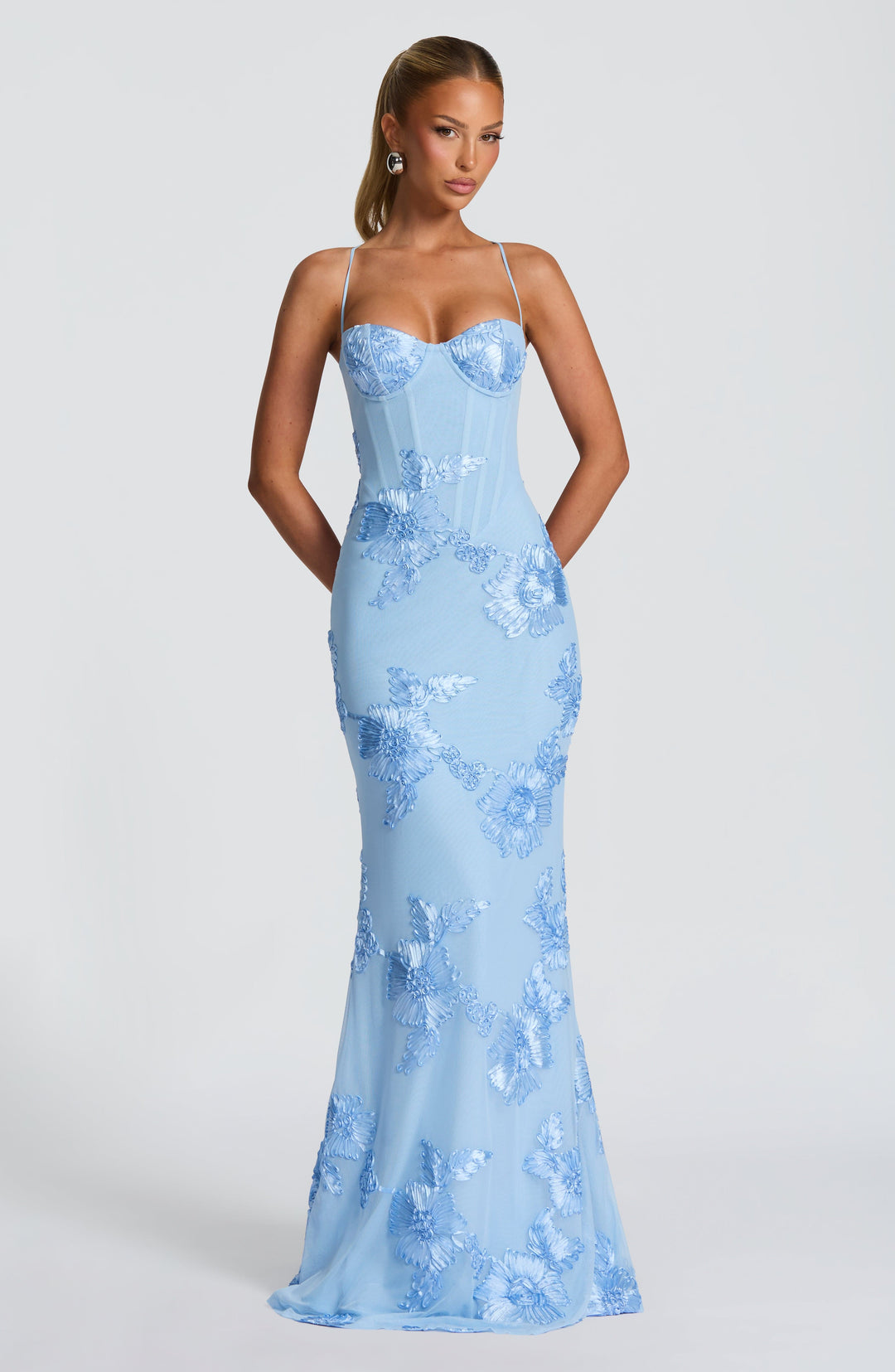 Floral Appliqué Corset Bodice Mermaid Maxi Dress - Evening Gown