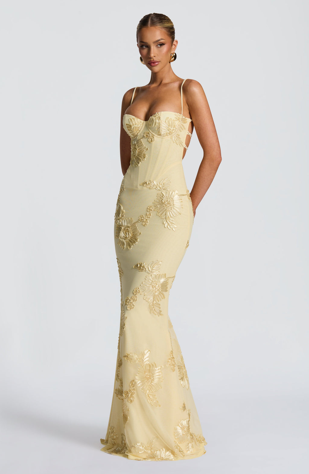 Floral Appliqué Corset Bodice Mermaid Maxi Dress - Evening Gown