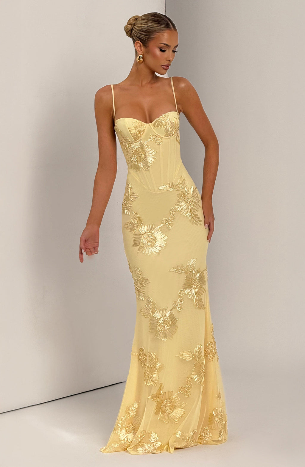 Floral Appliqué Corset Bodice Mermaid Maxi Dress - Evening Gown