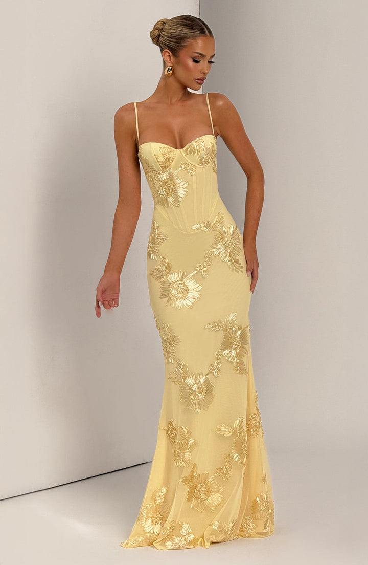 Floral Appliqué Corset Bodice Mermaid Maxi Dress - Evening Gown