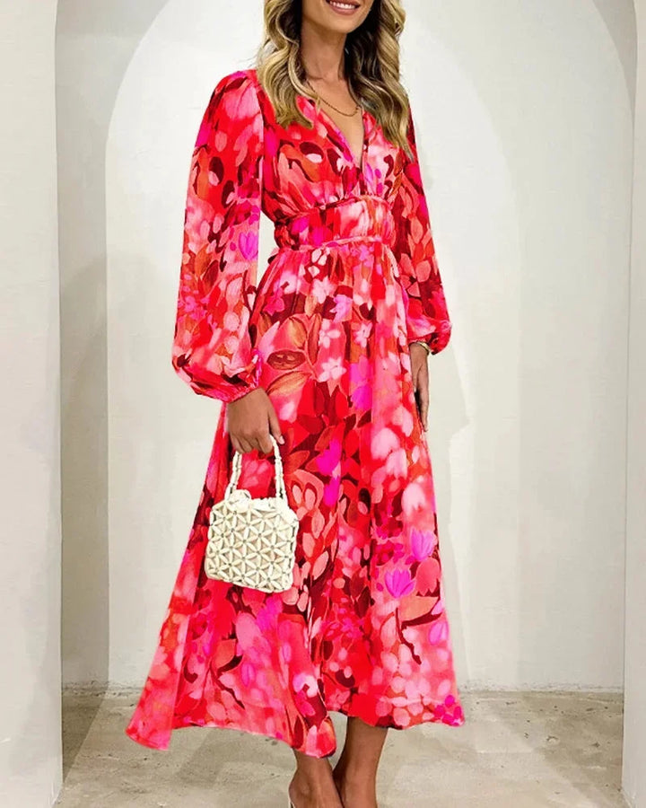 Women's floral maxi dress with long puff sleeves and v-neckline