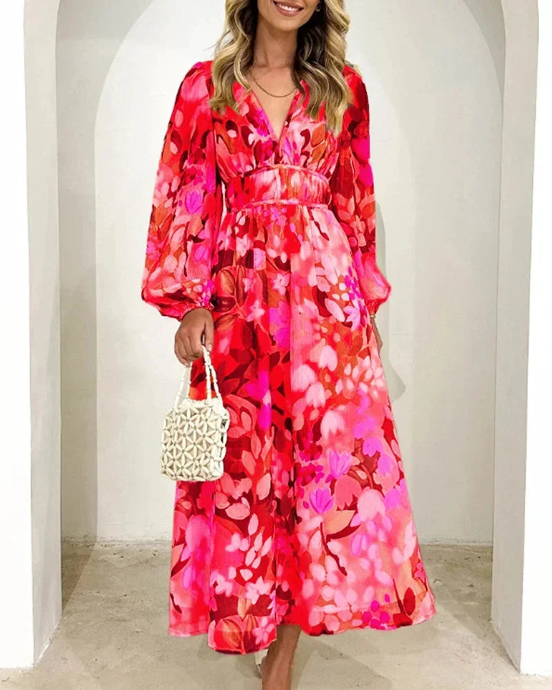 Women's floral maxi dress with long puff sleeves and v-neckline