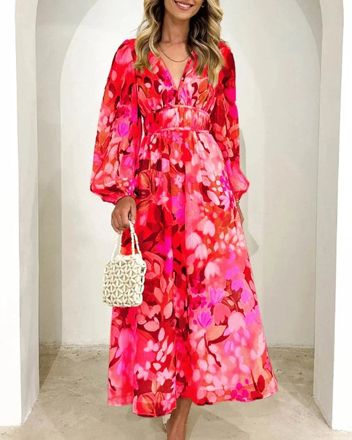 Women's floral maxi dress with long puff sleeves and v-neckline
