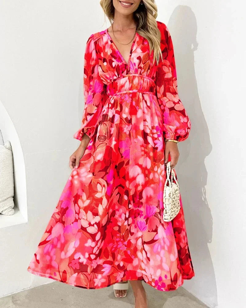 Women's floral maxi dress with long puff sleeves and v-neckline