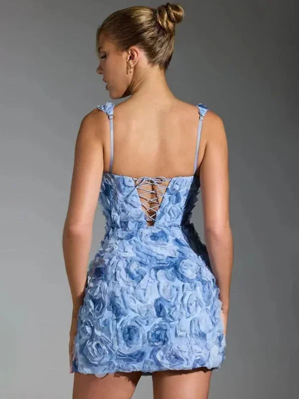 Women's floral textured mini dress with square neckline straps