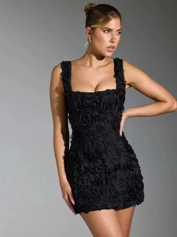 Women's floral textured mini dress with square neckline straps
