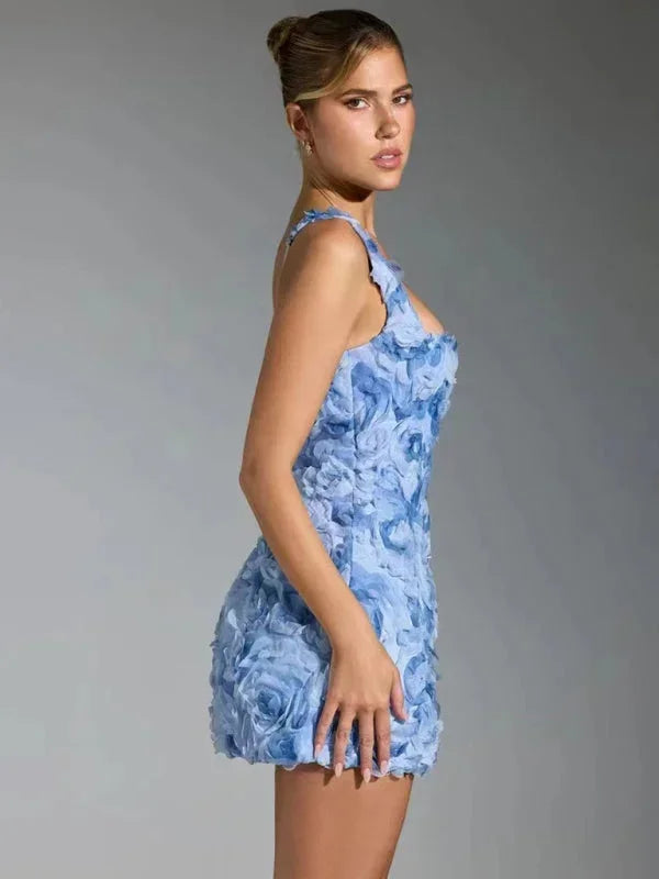 Women's floral textured mini dress with square neckline straps
