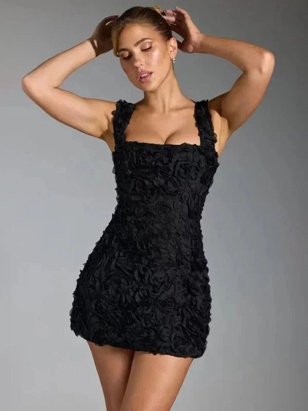 Women's floral textured mini dress with square neckline straps