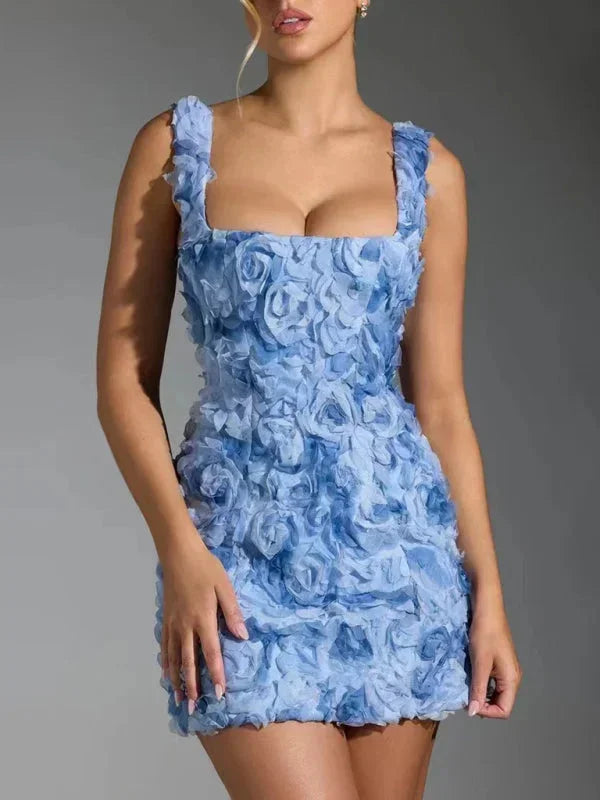 Women's floral textured mini dress with square neckline straps
