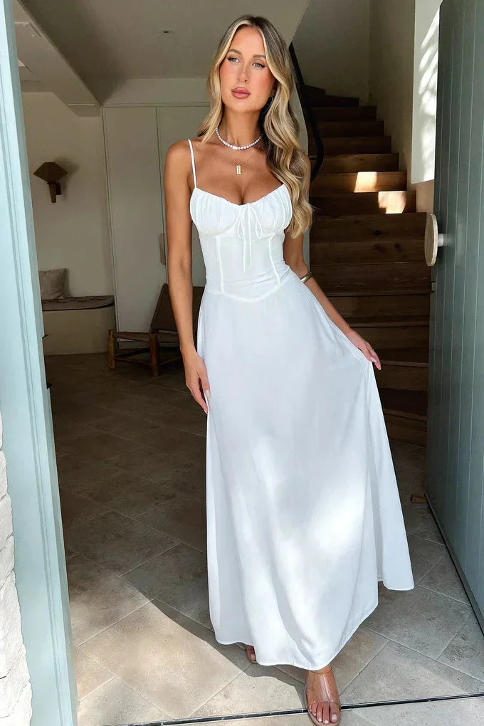 Women's flowy maxi dress with adjustable straps and sweetheart neckline