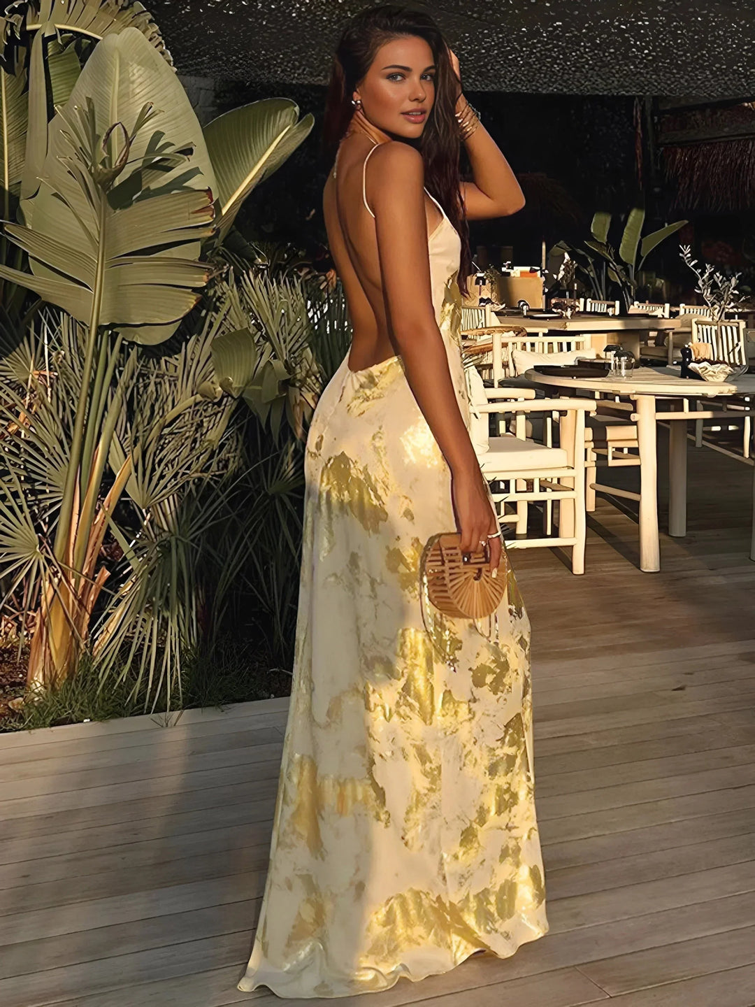 Women's gold satin maxi dress with foil details and straps
