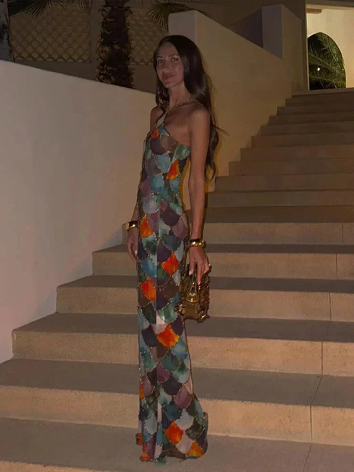Women's halter neck vibrant multicolor scale pattern maxi dress