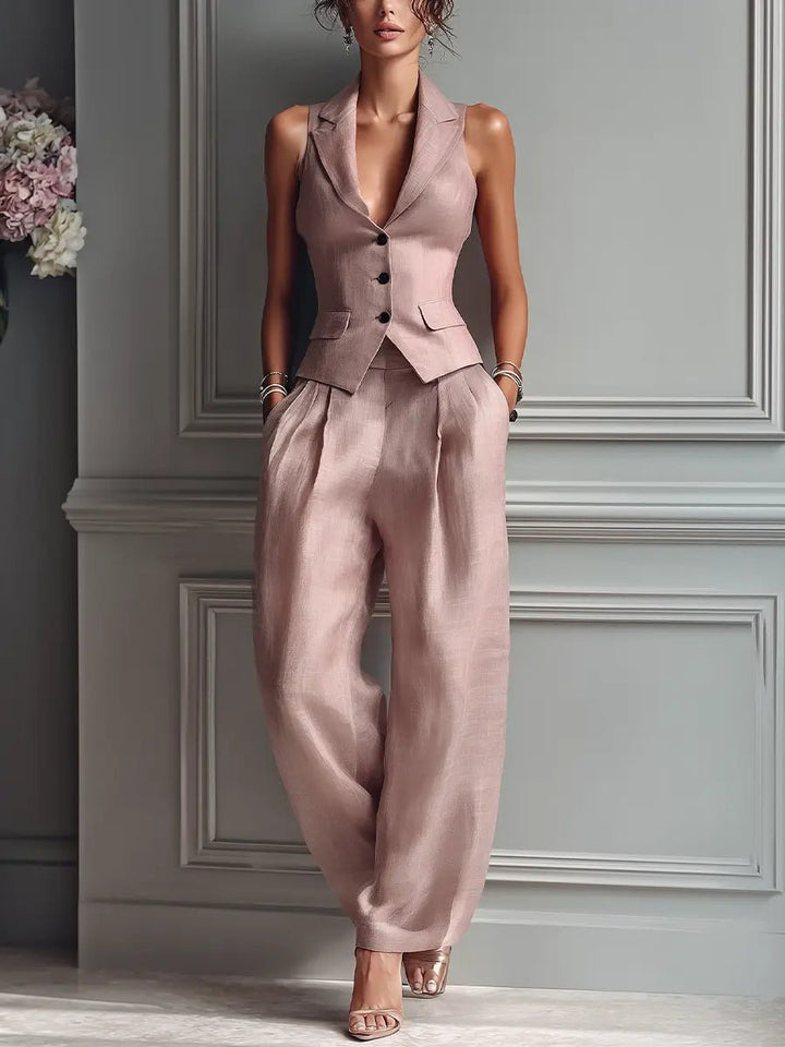Layla | Women's High-Waist Linen Sleeveless Vest Wide-Leg Pants Set