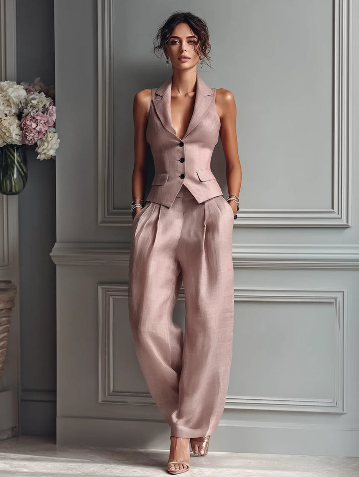 Layla | Women's High-Waist Linen Sleeveless Vest Wide-Leg Pants Set