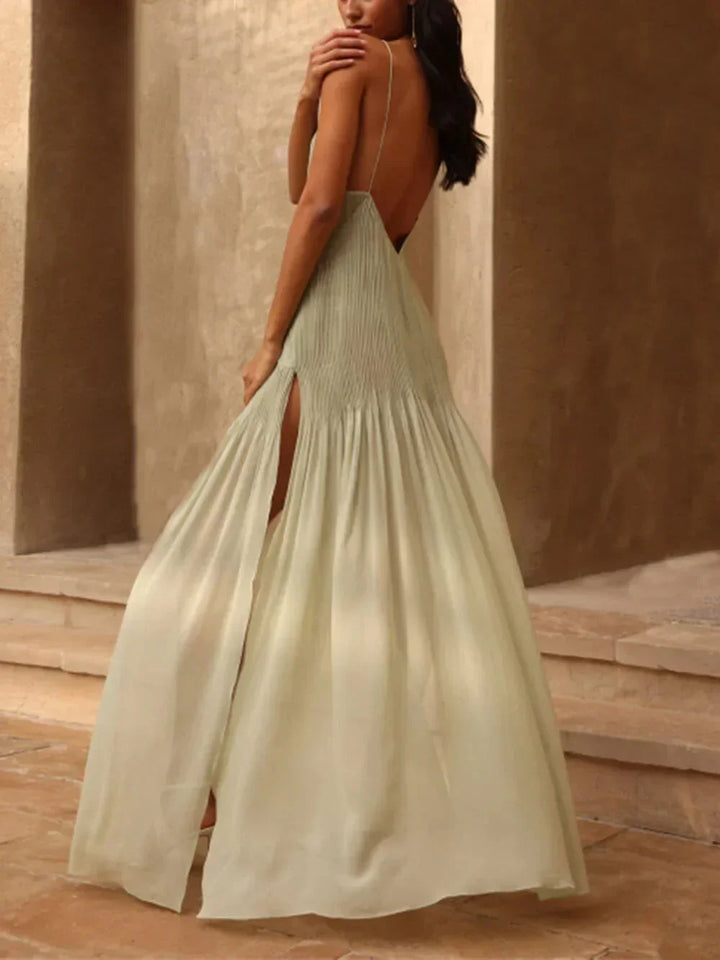Women's light green sleeveless pleated maxi dress with side split