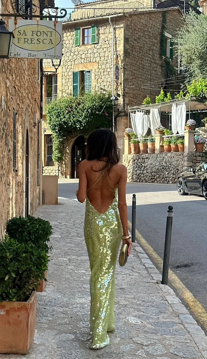Women's lime green sequin floor-length maxi dress with thin straps